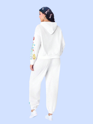 Set casual da 2 pezzi, felpa con cappuccio e pantaloni della tuta, con motivo a cartoni animati, taglie comode